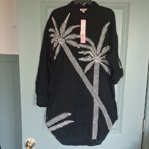 Badgley Mischka Tropical Palm Tree Embroidered Tunic Button Down Size LARGE NWT